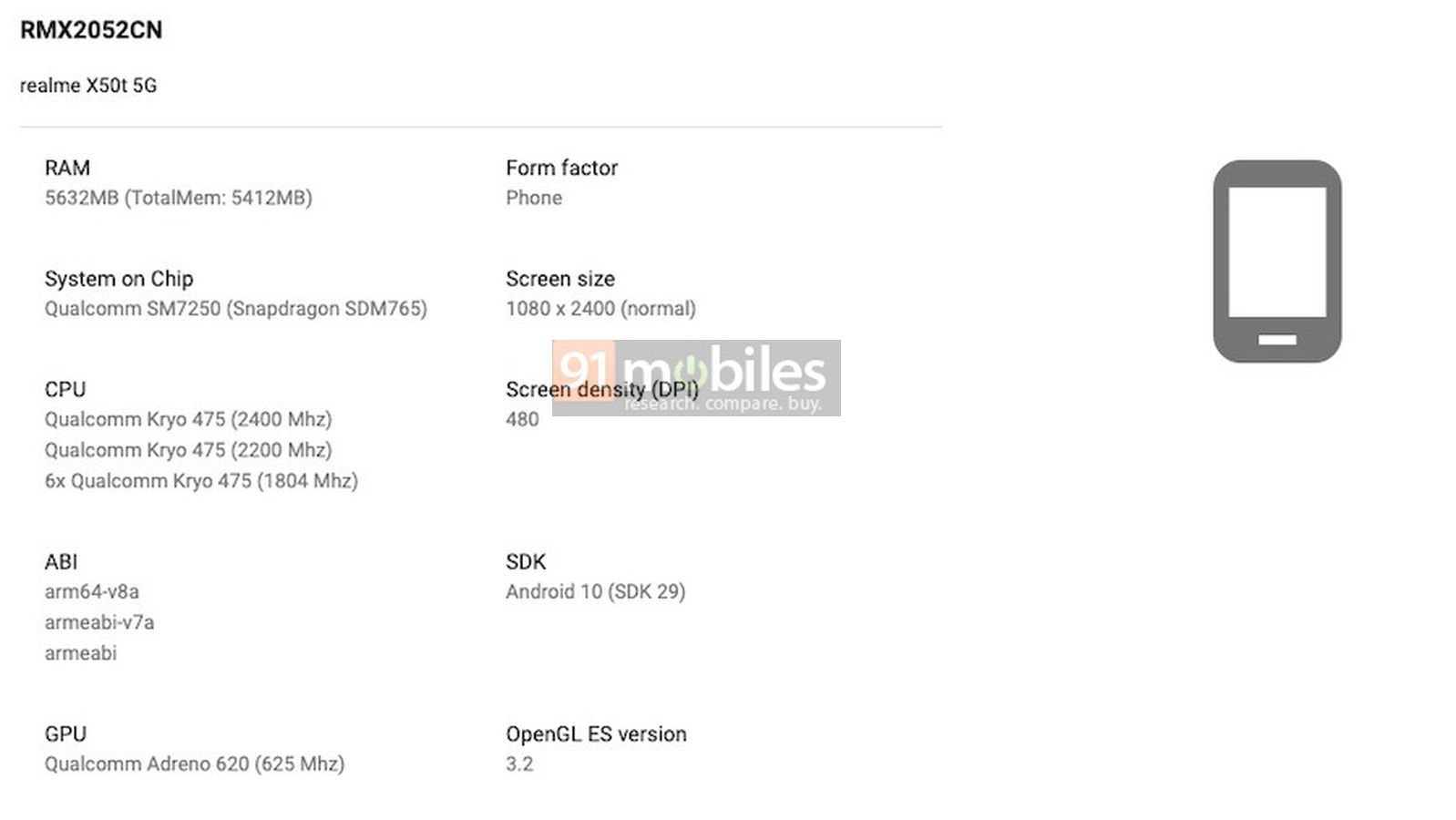 Realme X50t Google Play控制台揭示了SD765、6GB RAM等主要规格